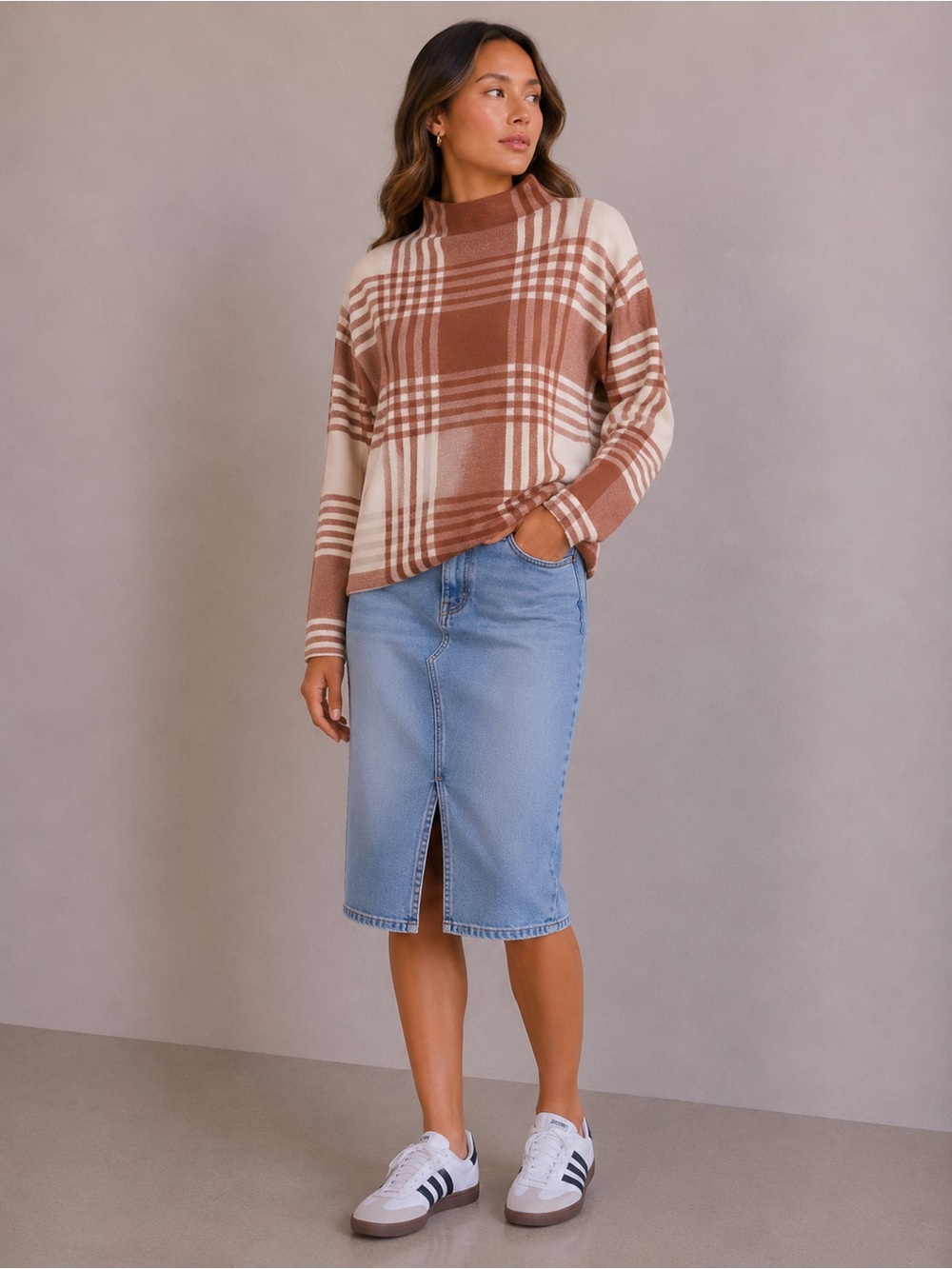 Max Studio sz XL Rust/Cream Plaid Turtleneck Sweater